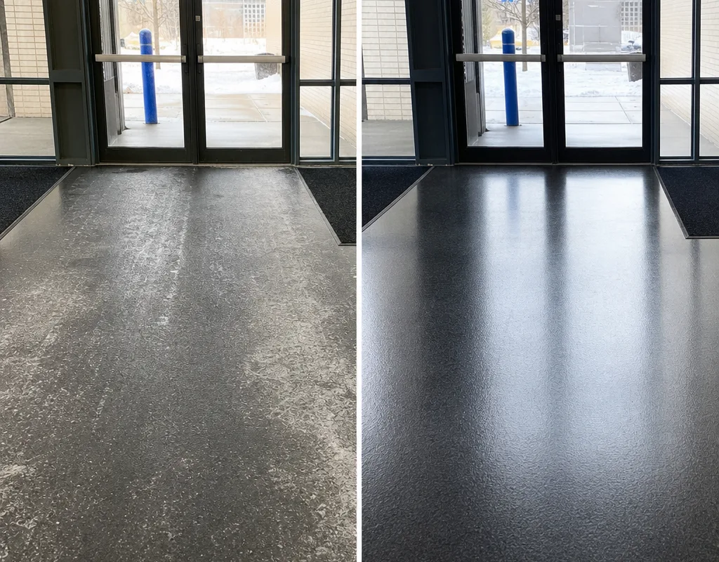 Commercial entryway floor before and after machine scrubbing with traffic lanes and salt residue removed