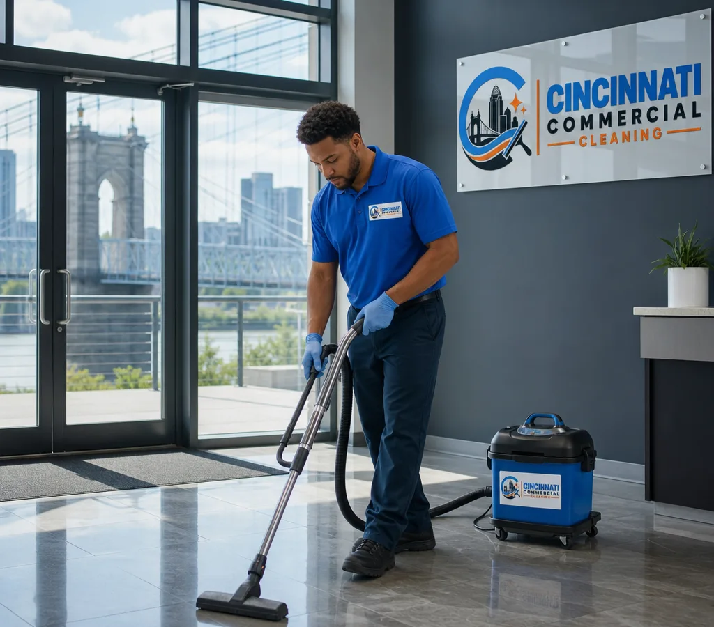 Professional cleaner vacuuming and wiping touchpoints in a modern Cincinnati office lobby