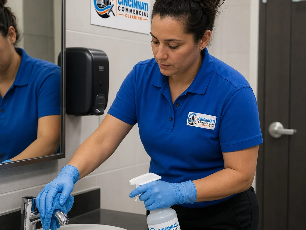 Cleaner disinfecting faucet handles, flush levers, and door handles in a commercial restroom