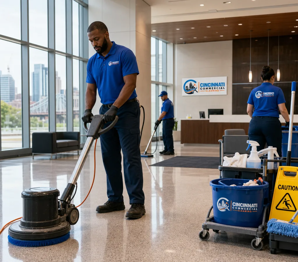 Professional cleaning crew servicing a modern Cincinnati office lobby with floor care equipment and an organized supply caddy
