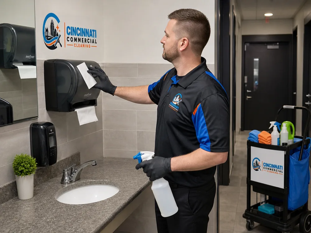 Cleaner restocking paper dispensers and disinfecting sink fixtures in a commercial office restroom
