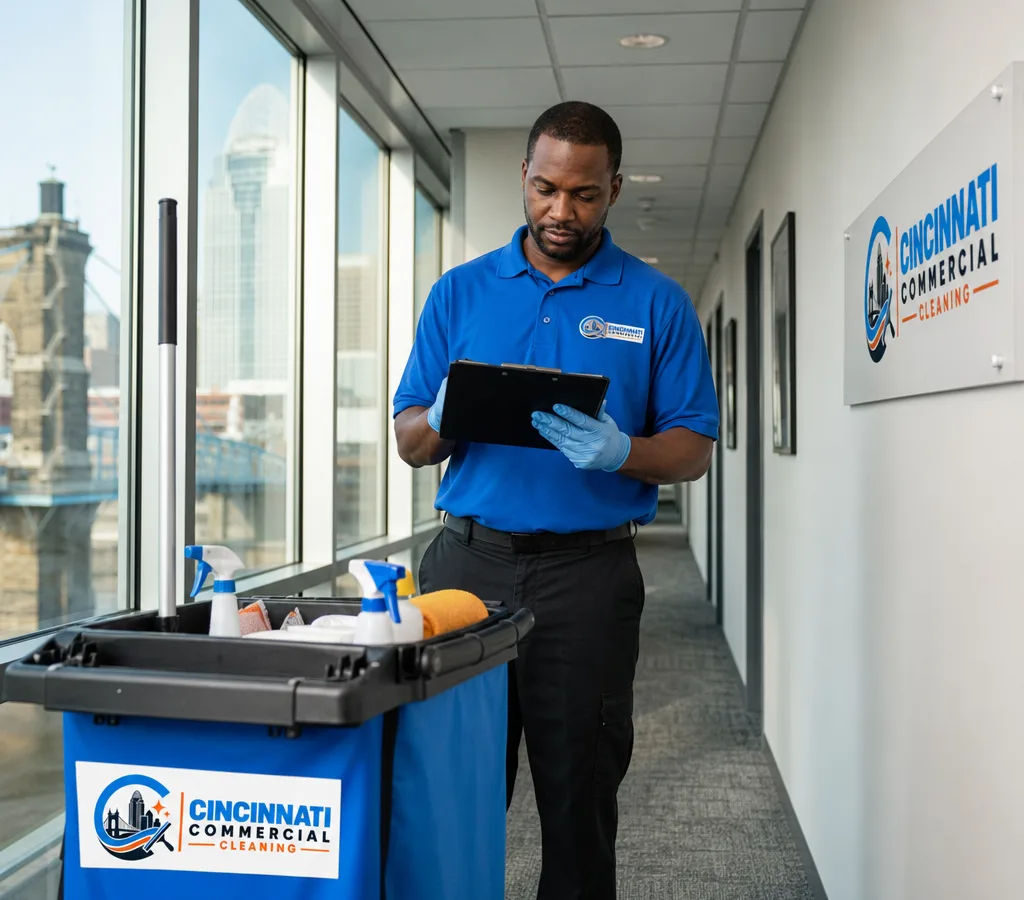 Commercial maintenance worker performing a routine facility check in a clean Cincinnati office corridor with a maintenance cart and checklist