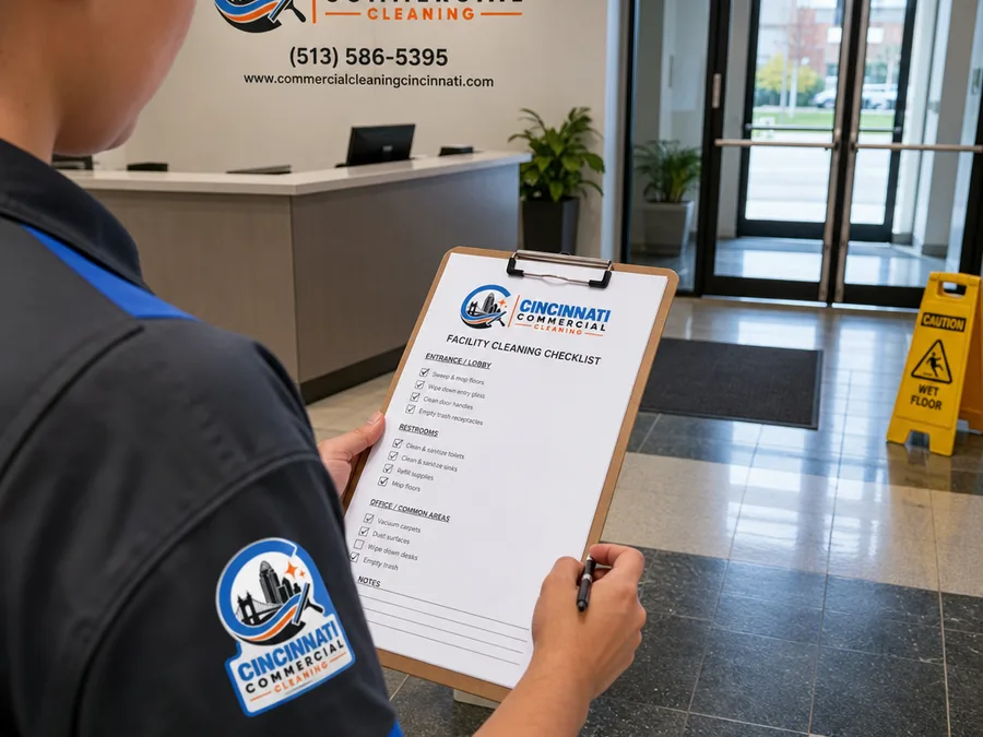 Technician reviewing a facility checklist in a commercial lobby beside high-traffic entry flooring