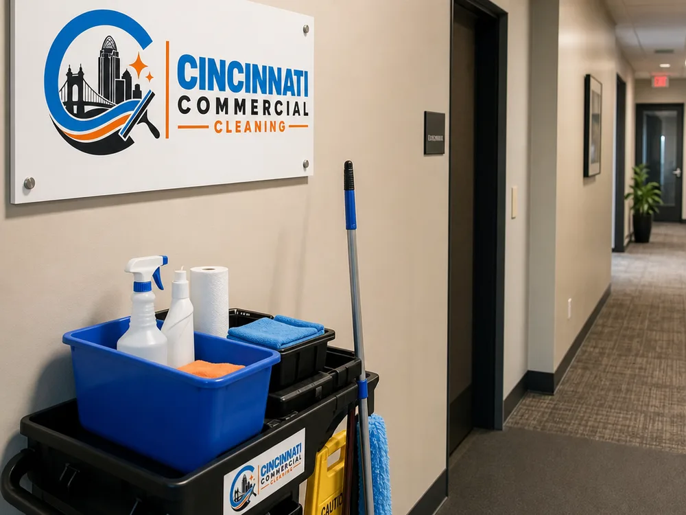 Cleaner staging organized supplies in a commercial hallway outside offices